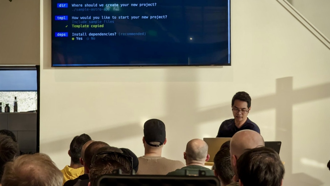 Presenting Astro app creation in front of a crowd - [Header image for the post: Introduction to Astro - Coven of Wisdom Amsterdam 2023 - Fun squeezing awesome Astro stuff into a tiny meetup talk]