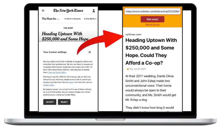 Two screenshots of the same article: one covered with a popup, the other very clean and cozy. - [Header image for the post: Building a Cozy Web - Let us build the web we want!]